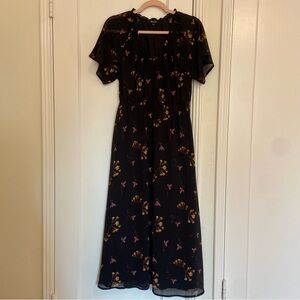 Madewell Black Floral V-Neck Dolman Sleeve Midi Dress Size Small